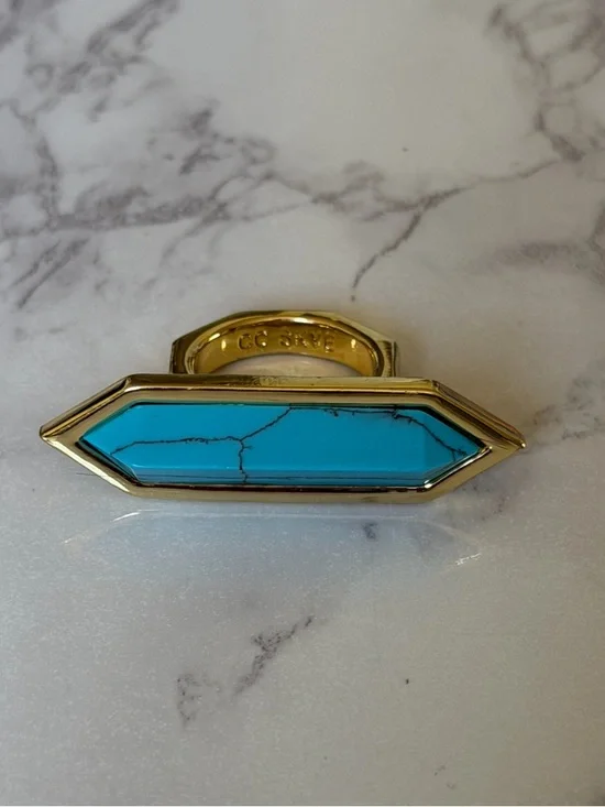 CC Skye Turquoise Hexagonal Gold-Trim Ring - Picture 5 of 8